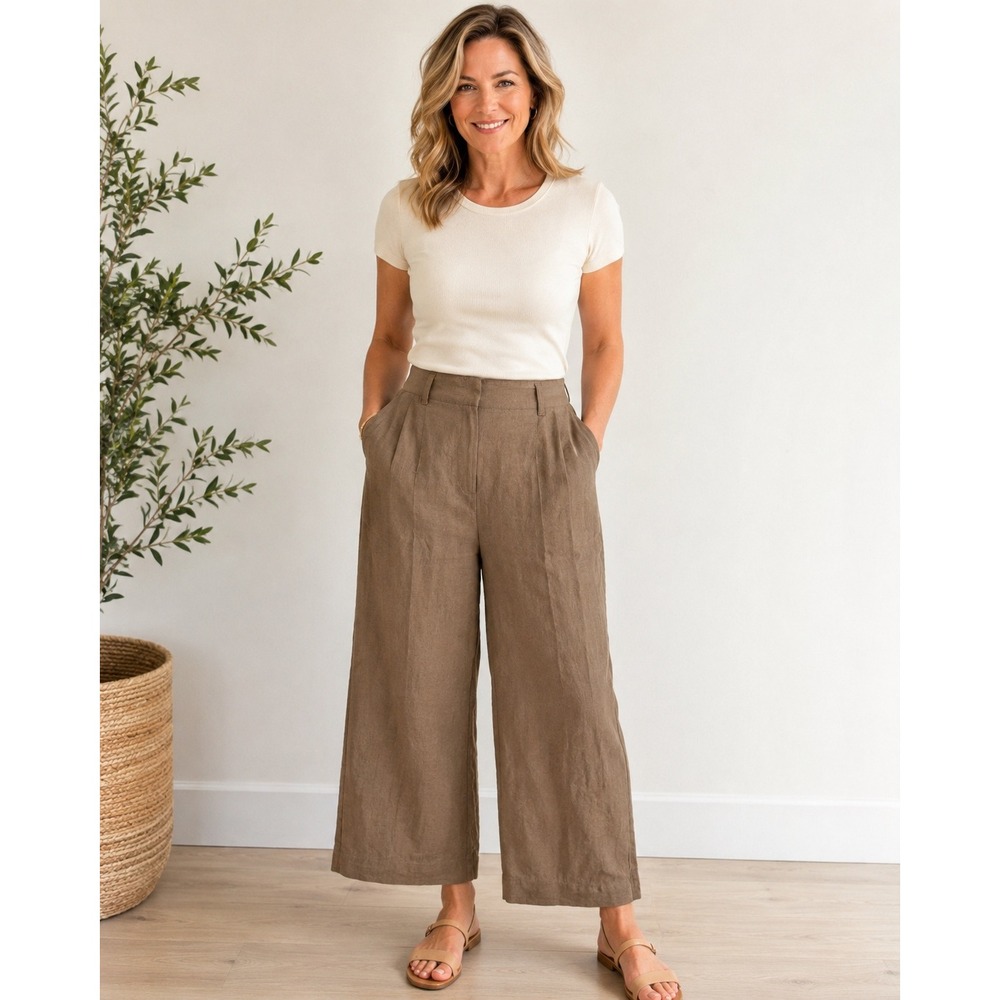 Chico's 100% Linen Brown Wide Leg Pleated Pants Size 2R US 12 Quiet Luxury